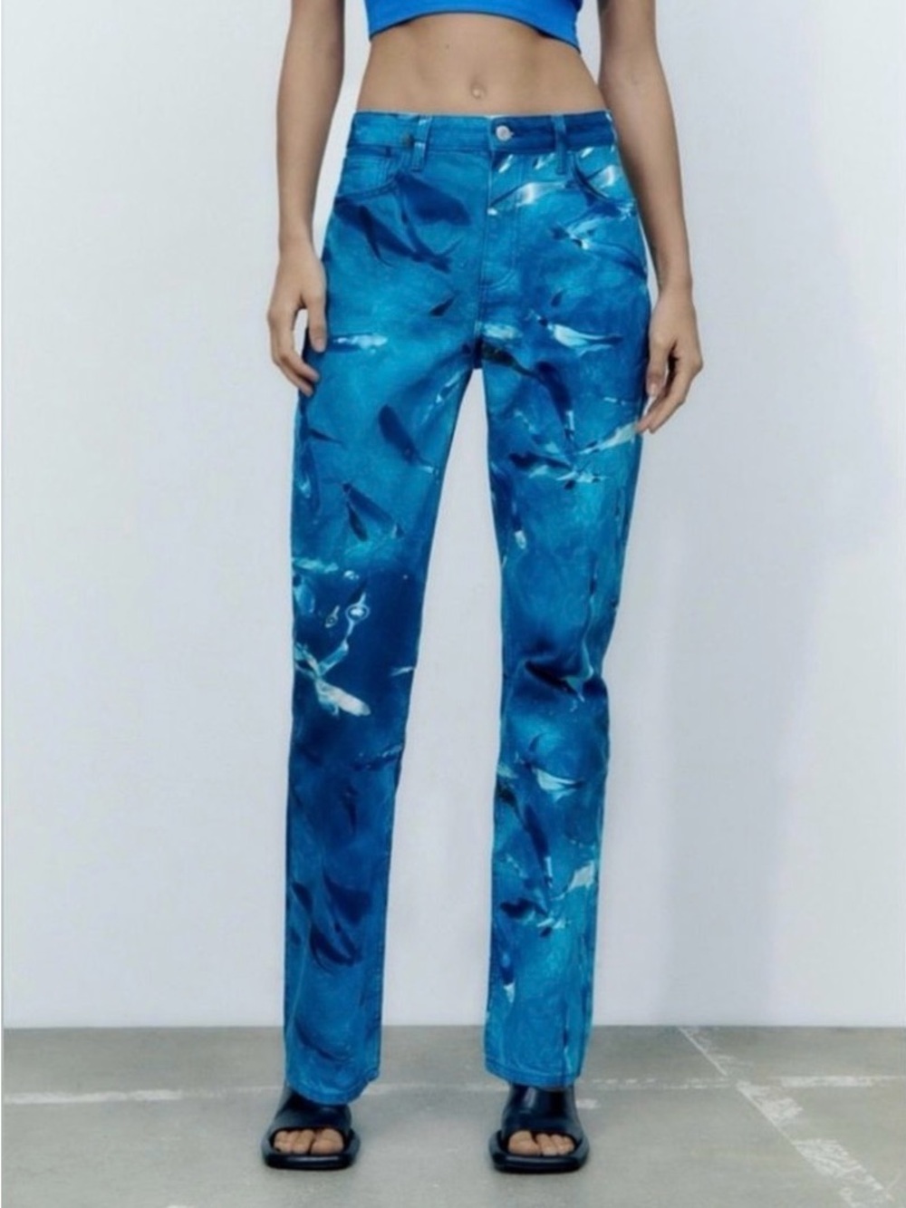 Zara Blue Printed Straight-Leg Jeans